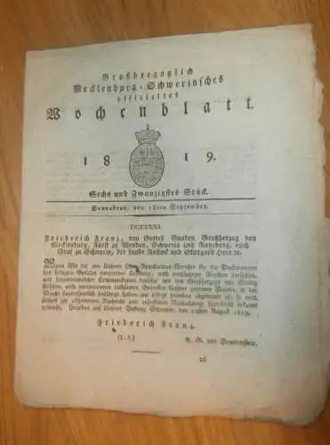 Mecklenburg - Schwerin 8.9.1819 , Ordnung , Gut Weisin b. Plau , Hagenow , Toddin , Gerichte  !!