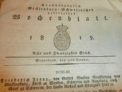 Mecklenburg - Schwerin 9.10.1819 , Beschluss - teutsche Bundesversammlung , Parchim , Hagenow , Görslow , Frauenmark  !!