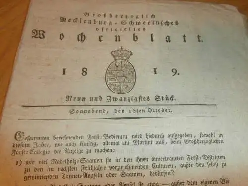 Mecklenburg - Schwerin 16.10.1819 , Schuldentilgung Gut Frauenmark mit Schönberg und Sparow mit Sanitz , Gut Vietzen !!