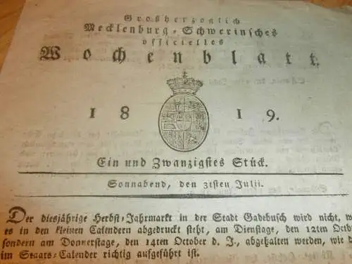 Mecklenburg - Schwerin 31.07.1819 , Markt in Gadebusch , von Bassewitz auf Gut Wendorf , Schönhof , Garlitz , Eidewegen