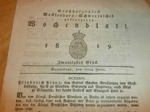 Mecklenburg - Schwerin 17.07.1819 , Vagabonden in Russland und Polen , Preußen ,  Markt in Röbel !!