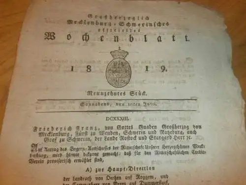 Mecklenburg - Schwerin 10.07.1819, Gut Wehnendorf , Stadt Bützow , von Flotow auf Walow , Gestüt Redefin , Wieschendorf