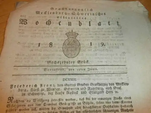 Mecklenburg - Schwerin 12.06.1819, Flucht aus Criminal-Gefängnis Bützow , Pogge in Lüchow , Gnoien , Dargun , Tessin !!!