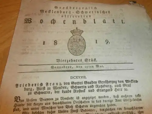 Mecklenburg - Schwerin 15.05.1819 , Forst , Marlow , Rostock , Schwerin , Friedrich Franz !!