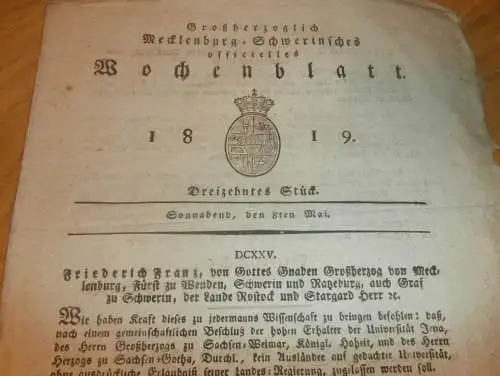 Mecklenburg - Schwerin 8.05.1819 , Markt Ludwigslust , Post-Secretair in Wismar , Friedrich Franz  !!