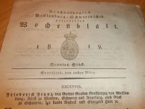 Mecklenburg - Schwerin 20.03.1819 , Beiträger für Häuser , von Kessenbrinck auf Groß Lüsewitz , Gut Grammow , Teterow !!