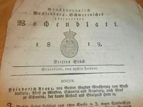 Mecklenburg - Schwerin 23.01.1819 , Preise für Getreide , Lehneid Gut Tarnow , Güstrow Gut Lübsee , J.A. Wachenhusen !!