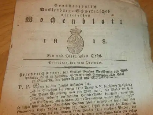 Mecklenburg - Schwerin 5.12.1818 , Polizei , Post , Hofrath in Waren , Gut Amalienhof , von Storch zu Warin , Bützow