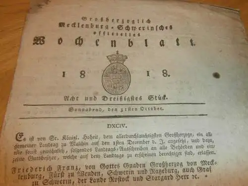 Mecklenburg - Schwerin 31.10.1818 , Landtag Malchin , Amt Doberan , Alten Carin / Alt Karin , Wismar !!!