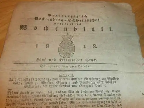 Mecklenburg - Schwerin 3.10.1818 , Juden in Gemeinden ,Markt in Crivitz ,Jagdjunker in Dargun ,Gut Gneven , Poischendorf