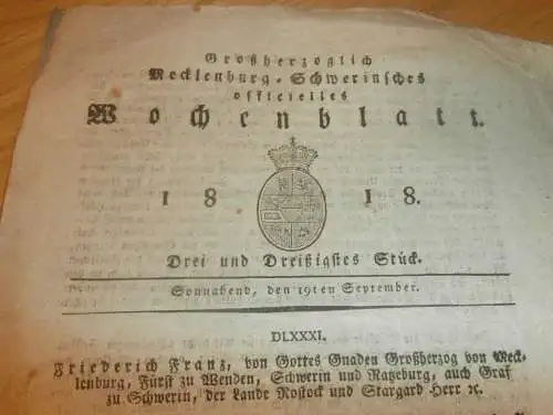 Mecklenburg - Schwerin 19.09.1818 , Seelenzahl in Städten , Kaiserlich Russische Truppen , Mark in Lübz !!