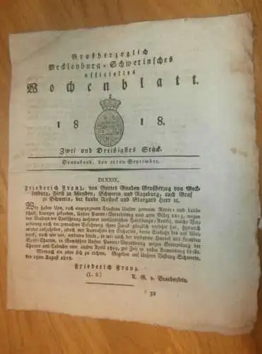 Mecklenburg - Schwerin 12.09.1818 ,Gut Alten Carin / Alt Karin , Ruhr und Fieber-Krankheit , Gallen-Markt Bützow , Rehna