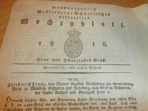 Mecklenburg - Schwerin 22.08.1818 , Strafe für Entbietung des gnädigen Grußes , Militair , Landes-Lotterie , Gut Neuhof