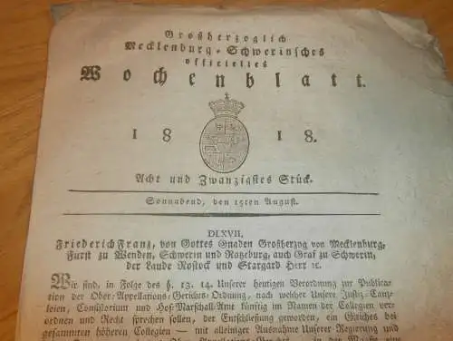 Mecklenburg - Schwerin 15.08.1818 , Hof Marschall-Amt , Forst-Gericht , Friedrich Franz !!!