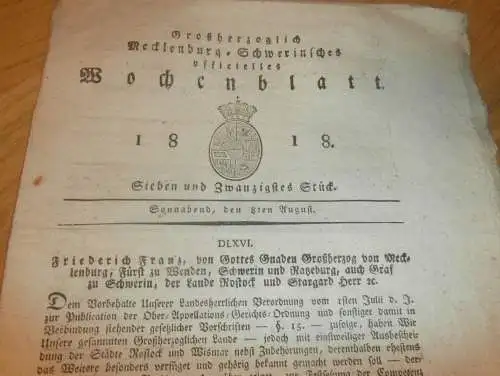 Mecklenburg - Schwerin 8.08.1818 , Tabelle mit Städten und Flecken , ritterschaftlichen Gütern , Domanial-Ämter !!!