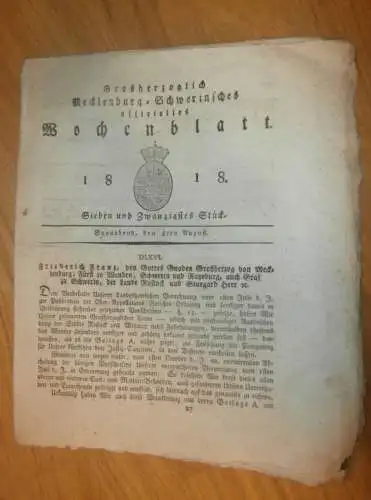 Mecklenburg - Schwerin 8.08.1818 , Tabelle mit Städten und Flecken , ritterschaftlichen Gütern , Domanial-Ämter !!!
