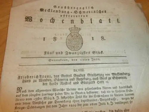 Mecklenburg - Schwerin 18.07.1818 ,Kriegs-Erleidungen vor 1809 , Sägespäne als Lohn , Gendarmerie-Brigade Parchim , Lübz