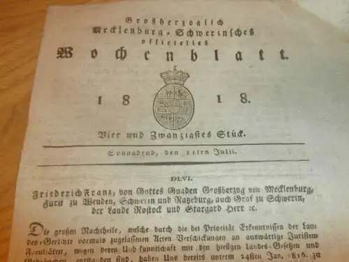 Mecklenburg - Schwerin 11.07.1818 , Juristen-Facultäten , Wollmarkt Güstrow , Holzmarkt Bützow , Wendelstorf , Pohnstorf