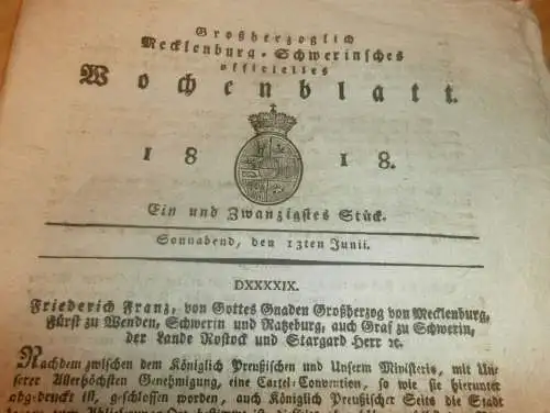 Mecklenburg - Schwerin 13.06.1818 , Cartel-Konvention , Lübz , Plau , Möderitz , Forst , Cummin , Daschow , Nutzholz !!!