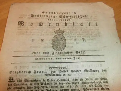 Mecklenburg - Schwerin 14.06.1817 , Impfung von Kindern , Schuldenmachen / Credit , Special-Resolutionen !!!