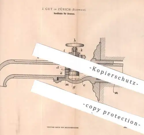 original Patent - J. Gut , Zürich , Schweiz | 1900 | Ventilhahn für Brunnen | Ventil , Hahn , Wasserleitung , Wasserhahn