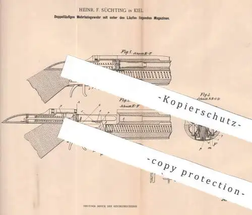 original Patent - Heinr. F. Süchting , Kiel , 1900 , Mehrladegewehr mit Doppellauf | Magazin - Gewehr | Waffen , Waffe