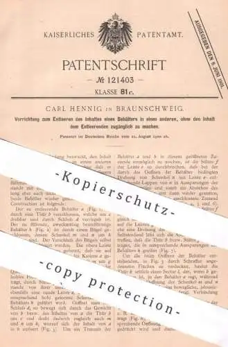 original Patent - Carl Hennig , Braunschweig , 1900 , Entleeren des Inhaltes eines Behälters | Gefäß | Behälter leeren