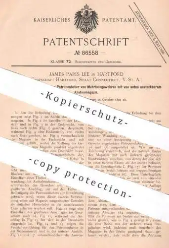 original Patent - James Paris Lee , Hartford , Connecticut USA , 1893 , Patronenheber an Mehrladegewehr | Gewehr Waffen