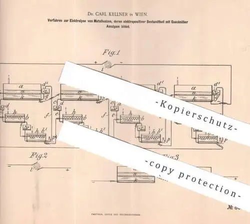 original Patent - Dr. Carl Kellner , Wien , Österreich , 1895 , Elektrolyse von Metallsalz | Quecksilber , Amalgam !!