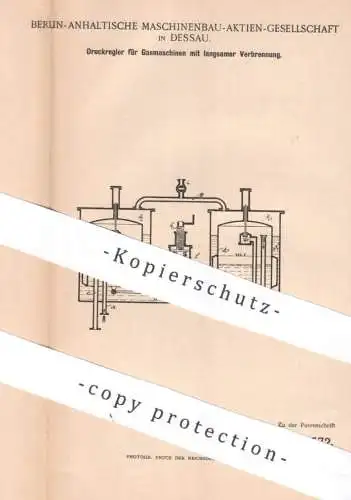 original Patent - Berlin Anhaltische Maschinenbau AG Dessau , 1895 , Druckregler für Gasmaschinen | Gasmotor , Gas Motor