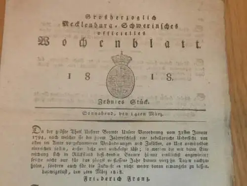 Mecklenburg - Schwerin 14.03.1818 , Rentschreiber Peitzner , Stadt Schwaan ,. Friedrich Franz !!