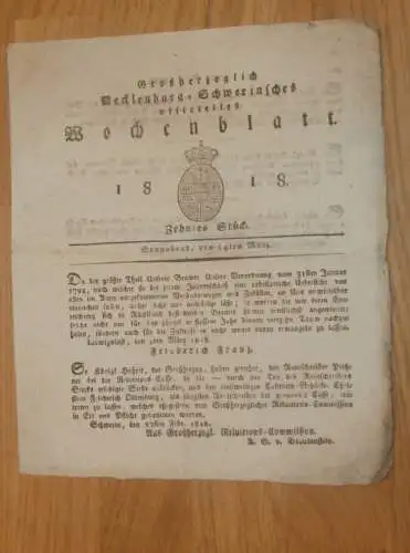 Mecklenburg - Schwerin 14.03.1818 , Rentschreiber Peitzner , Stadt Schwaan ,. Friedrich Franz !!