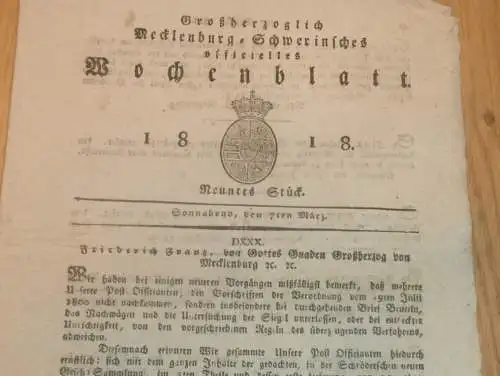 Mecklenburg - Schwerin 7.03.1818, Markt in Parchim ,von Wrisberg zu Gadebusch ,Graf von Bassewitz auf Dalwitz Walkendorf