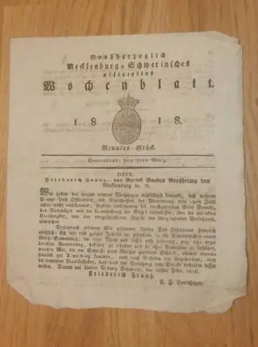 Mecklenburg - Schwerin 7.03.1818, Markt in Parchim ,von Wrisberg zu Gadebusch ,Graf von Bassewitz auf Dalwitz Walkendorf