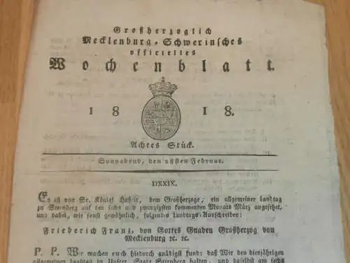 Mecklenburg - Schwerin 28.02.1818 , Landtag in Sternberg , Militär-Dienst-Prämien , Pfandgeld für Jäger , Gut Wendfeld !