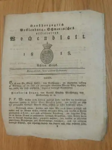 Mecklenburg - Schwerin 28.02.1818 , Landtag in Sternberg , Militär-Dienst-Prämien , Pfandgeld für Jäger , Gut Wendfeld !