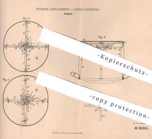 original Patent - Richard Langhammer , Leipzig / Lindenau , 1895 , Klapphut - Mechanik | Hut , Hüte , Hutmacher , Modist