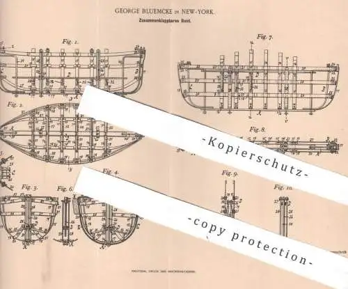 original Patent - George Bluemcke , New York , USA , 1895 , Zusammenklappbares Boot | Rettungsboot , Boote , Schiff !!