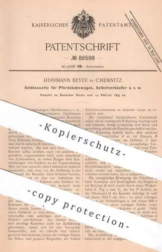 original Patent - Herrmann Beyer , Chemnitz , 1895 , Geldkassette für Pferdebahnwagen , Automat | Opferstock , Schloss