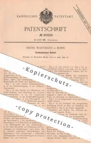 original Patent - Heinr. Wartmann , Bonn , 1895 , Zweikammriges Schloss | Kastenschloss , Türschloss , Schlosserei