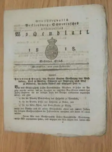 Mecklenburg - Schwerin 7.02.1818, Einschleppung der Pest , Eichen auf Gut Remplin und Retzow , Dömitz , Post !!!