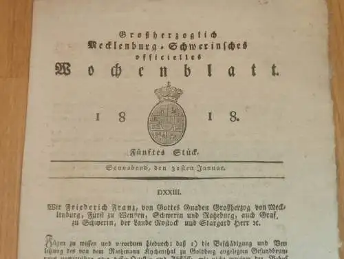 Mecklenburg - Schwerin 31.01.1818, Brunnen in Goldberg , Gadebusch , Groß Timkenberg , Lehsten , Zickhusen Dudinghausen