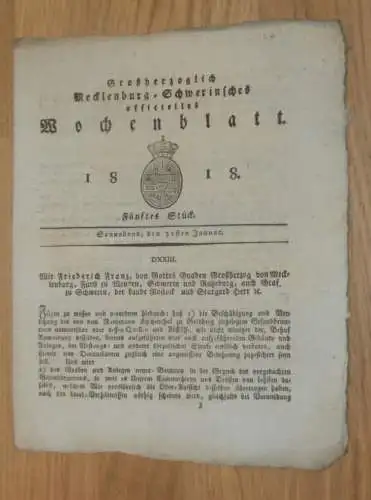 Mecklenburg - Schwerin 31.01.1818, Brunnen in Goldberg , Gadebusch , Groß Timkenberg , Lehsten , Zickhusen Dudinghausen