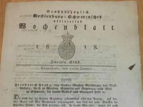 Mecklenburg - Schwerin 10.01.1818, See-Räuberei , Pest , Erbsteuer , Kalübbe , Woggersin , Helmstorf , Sophienholz Satow