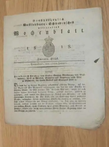 Mecklenburg - Schwerin 10.01.1818, See-Räuberei , Pest , Erbsteuer , Kalübbe , Woggersin , Helmstorf , Sophienholz Satow