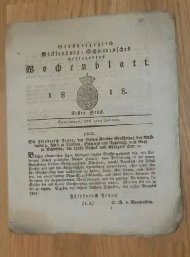 Mecklenburg - Schwerin 3.01.1818 , Ehren-Prediger , Criminal-Gericht Bützow , Israel Jonas in Penzlin , Dreilützow !!!