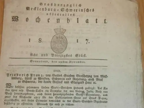 Mecklenburg - Schwerin 29.11.1817, Stadt-Gerichte, Siebmann auf Gut Schorssow , Carlshoff , Gut Ziddorf / Dahmen , Forst