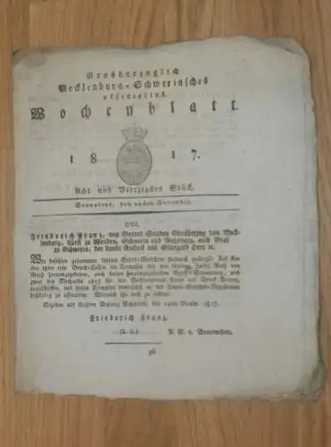 Mecklenburg - Schwerin 29.11.1817, Stadt-Gerichte, Siebmann auf Gut Schorssow , Carlshoff , Gut Ziddorf / Dahmen , Forst