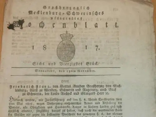 Mecklenburg - Schwerin 15.11.1817 , Abstellung der Bettelei , Tierarzt Windel , Gut Wiebendorf , Klein Lunow , Damshagen