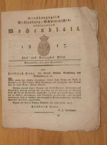 Mecklenburg - Schwerin 8.11.1817 , von Both , Kaufen und Verkaufen , Ehren-Prediger , Gottesdienste !!!